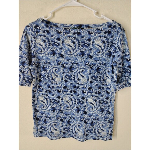 Lauren Ralph Lauren Women's Shirt M Blue/White Paisley Rolled Sleeve Boat Neck - Picture 2 of 14